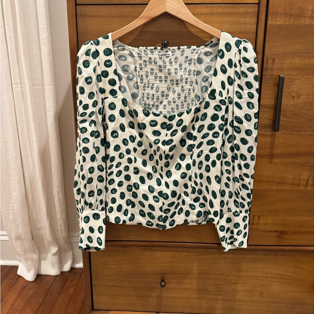 Reformation polka dot blouse green